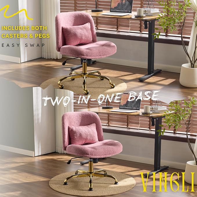 VINGLI Wide Criss Cross Legged Office Chair,Buttprint Ergonomic Desk Chair Comfy with Pillow&Gold Base,Dual-Use with/no Wheels,Adjustable Vanity Swivel Chair for Bedroom,Home Office,Teddy Plush,Purple