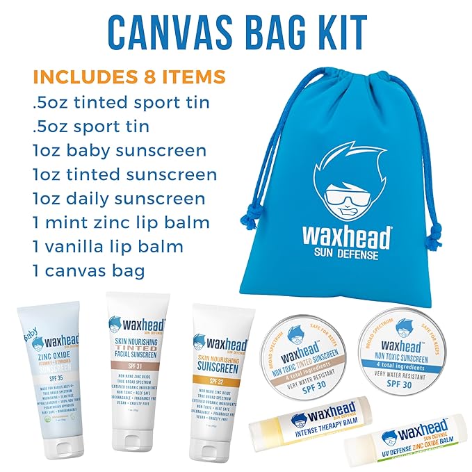 Waxhead Travel Size Sunscreen Sampler Box - Non-Nano Zinc Oxide, Coral Reef Safe, Biodegradable Sunblock SPF 30. Lip Balms, Solid Mini Paste Tins (.5oz) Tinted, Baby + Everyday (1oz) in Canvas Bag