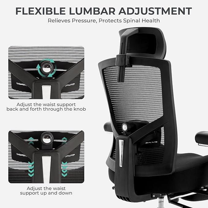 600lbs Big and Tall Office Chair,Oversized Ergonomic Breathable Mesh Desk Chair with W-Shape Thicken Seat Cushion,Computer Chair with Adjustable 4D Armrest,Lumbar Support Footrest Headrest