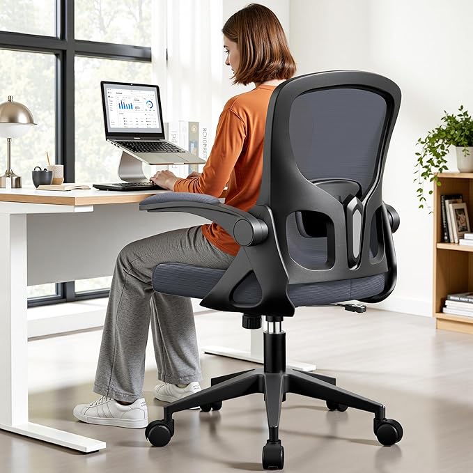 Office Chair Ergonomic Desk Chair, Adjustable Lumbar Support Rolling Swivel Comfy Chair with Space-Saving Flip Up Armrests, Mesh Gaming Chair for Business Work Office & Home, Dark Gray 2pcs