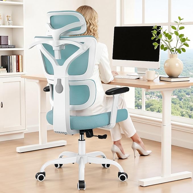 Ergonomic Office Chair High Back Desk Chair with Lumbar Support, Breathable Mesh Computer Chair with Adjustable Armrests Height, Reclining Swivel Big and Tall Gaming Chair for Home Office(Light Blue)