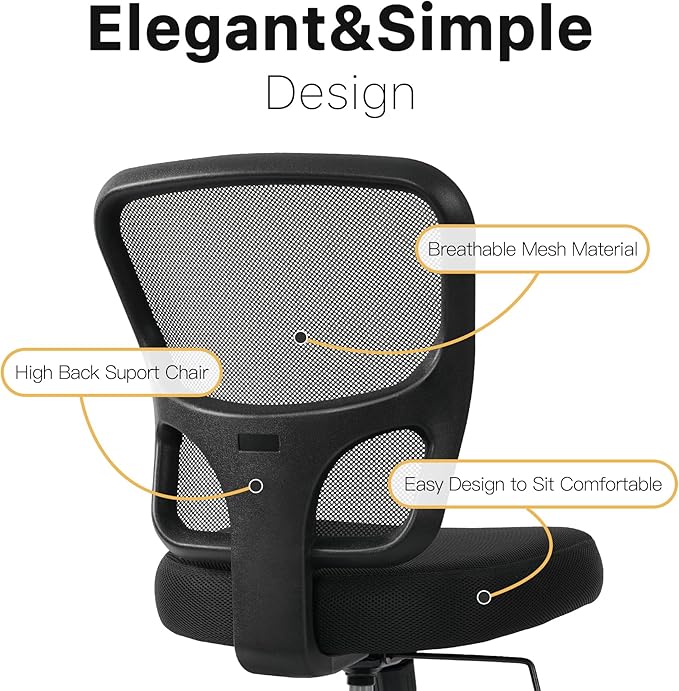 Armless Office Desk Chair Height Adjustable, Ergonomic High Back Mesh Task Chair, Rolling Office Stool for Small Spaces, Computer, Study,Sewing & Drafting - Black