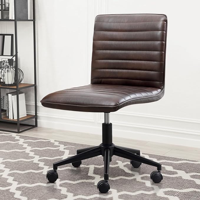 Furniliving PU Leather Office Desk Chair, Armless Vanity Chair with Wheels 360° Swivel Mid Back Height Adjustable, Computer Rolling Chairs with Gold Metal Base Stool, Black Brown