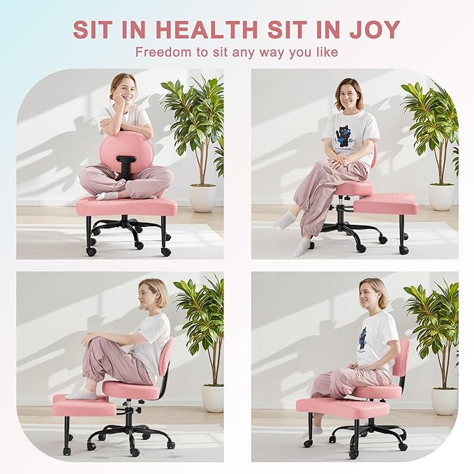 GUNJI Ergonomic Criss Cross Legged Office Chair, 360° Swivel Meditation Kneeling Chair with Wheels, ADHD Chair with Footrest, Lumbar Support, Wider Height Adjustable Seat (Pink, Teddy Fleece)
