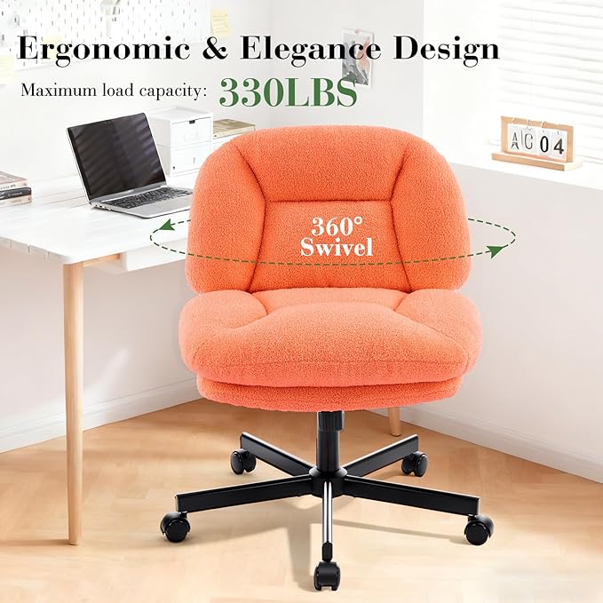 Cross Legged Office Chair, Thick Cushioned Criss Cross Desk Chair with Wheels, Wide Seat Armless Office Chair, Height Adjustable Swivel Vanity Chair for Home and Office, Orange