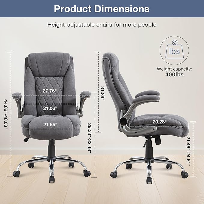 Big and Tall Fabric Office Chair 400lbs High Back Executive Computer Desk Chair with Flip Up Armrest, Breathable Fabric Adjustable Height Ergonomic Home Office Heavy Duty