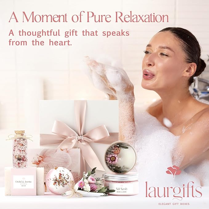 Birthday Gifts for Women – Luxury Candle Set & Bath Sets Spa Basket, Small Orchid & Jasmine Self Care Box, Gift Basket for Mom, Wife or Friend