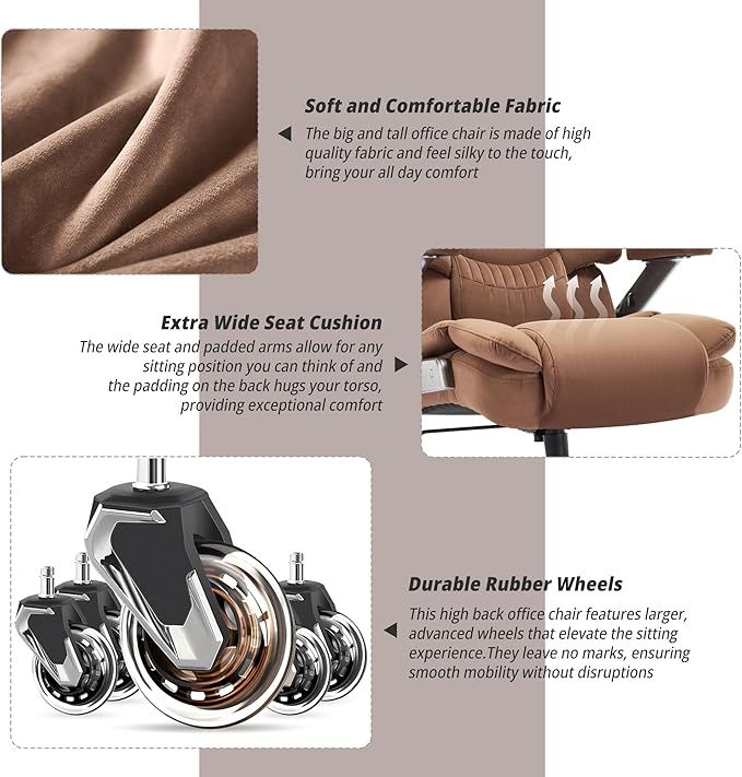 Big and Tall Office Chair 700lbs- Fabric High Back Executive Computer Chair with Adjustable Lumbar Support 3D Flip Arms Plus Size Rubber Wheels- Extra Wide Large Desk Chairs, Heavy Duty Metal Base