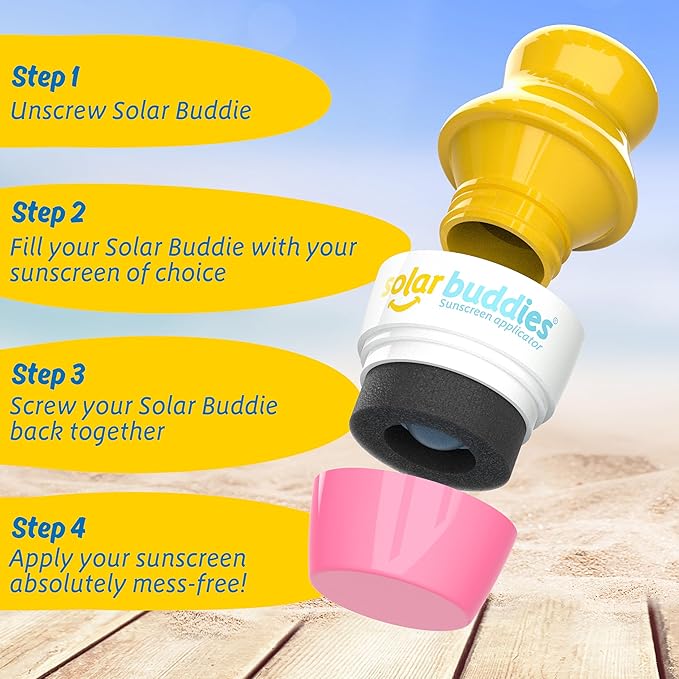 Solar Buddies Grab & Go Travel Bundle, Carabina Clip & Cleaning Brush - Single Pink - Refillable Roll on Sponge Sunscreen, Suncream & Lotion Applicator For Kids, Adults & Families - Holds 100ml