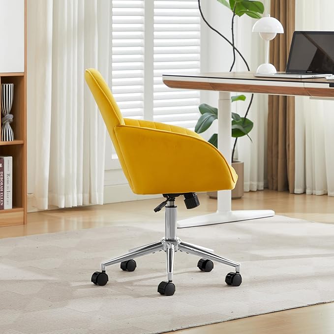 YITAI Velvet Office Desk Chair with Silver Foot Base, with Wheels,Modern Height Adjustable 360 Degree Swivel Upholstered Vanity Chairs with Arms for Living Room Bedroom,Yellow