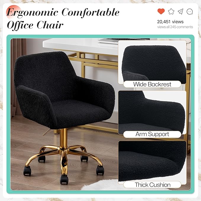 Faux Fur 360°Swivel Desk Chair, Modern Height Adjustable Home Office Armchair with Golden Base for Teens Women Girls, Upholstery Computer Chair for Home Studios, Sherpa & Black