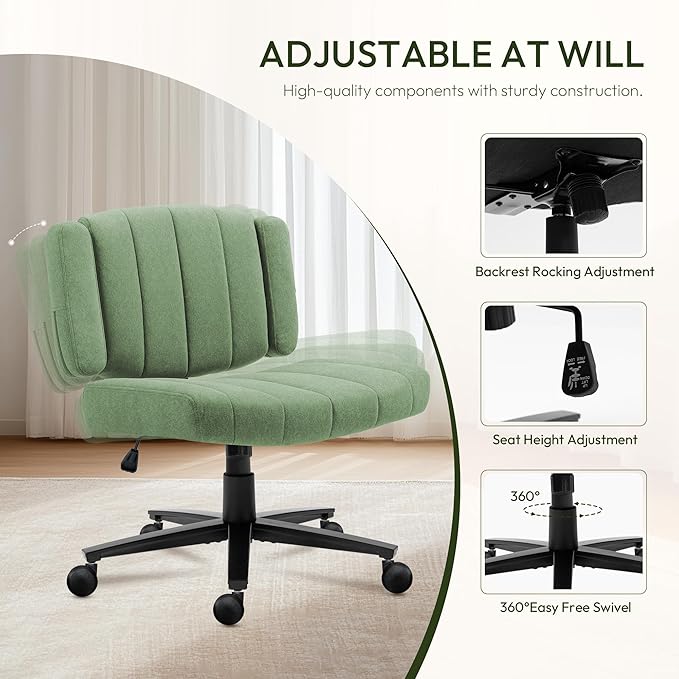 Green Criss Cross Office Chair with Wheels, Ergonomic Wide Seat Vanity & Dressing Table Chair, Adjustable Arms Swivel Rolling Desk Chair for Women, Comfortable Cross-Legged Support