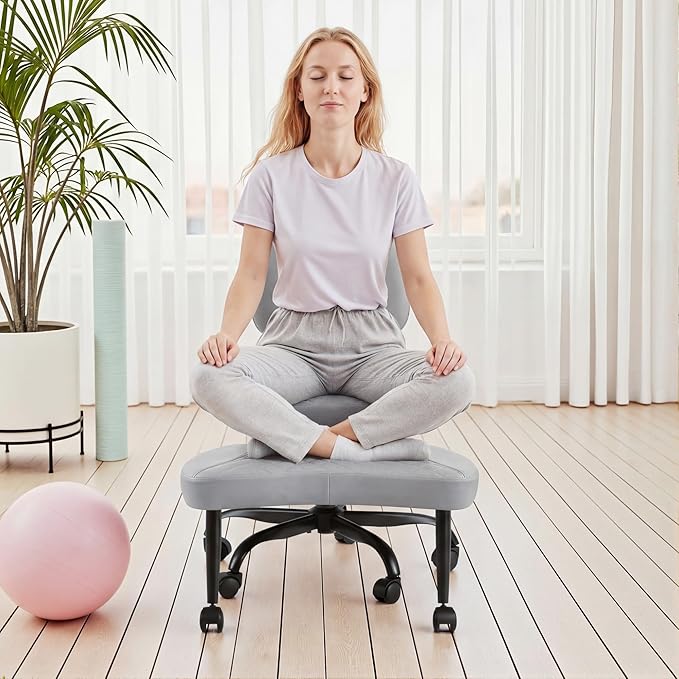 GUNJI Ergonomic Criss Cross Legged Office Chair, 360° Swivel Meditation Kneeling Chair with Wheels, ADHD Chair with Footrest, Lumbar Support, Wider Height Adjustable Seat (Grey, Faux Leather)