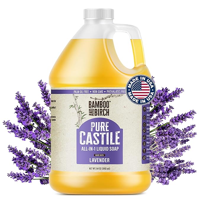 BAMBOO AND BIRCH Pure Castile Soap Liquid, Certified Palm Oil Free Natural Soap, Lavender, 64 oz
