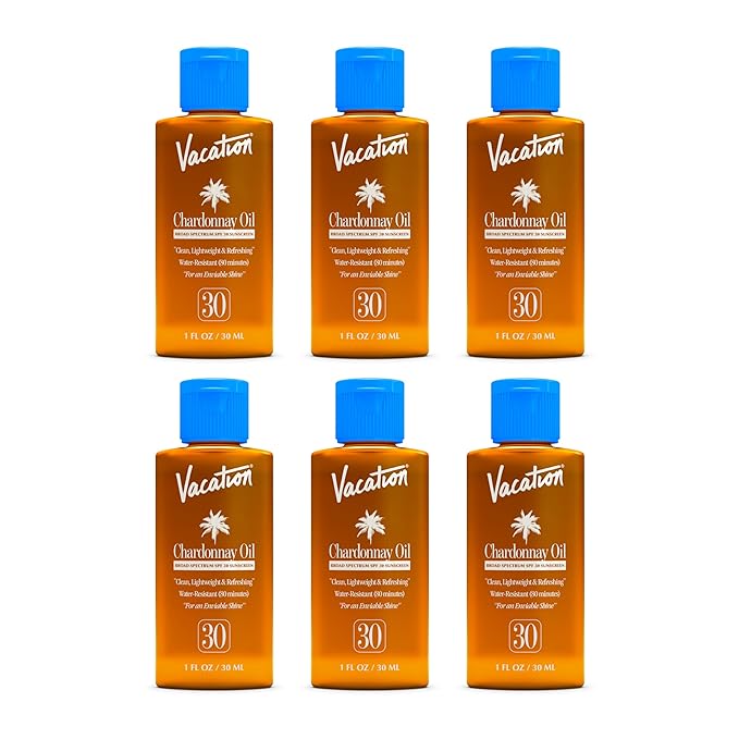 Vacation Mini Chardonnay Oil SPF 30, Hydrating & Nourishing Sunscreen Oil, Lightweight, Transparent on All Skin Tones, Water-Resistant, Travel Size Sunscreen, 1 Fl. Oz. (Value Pack of 6)
