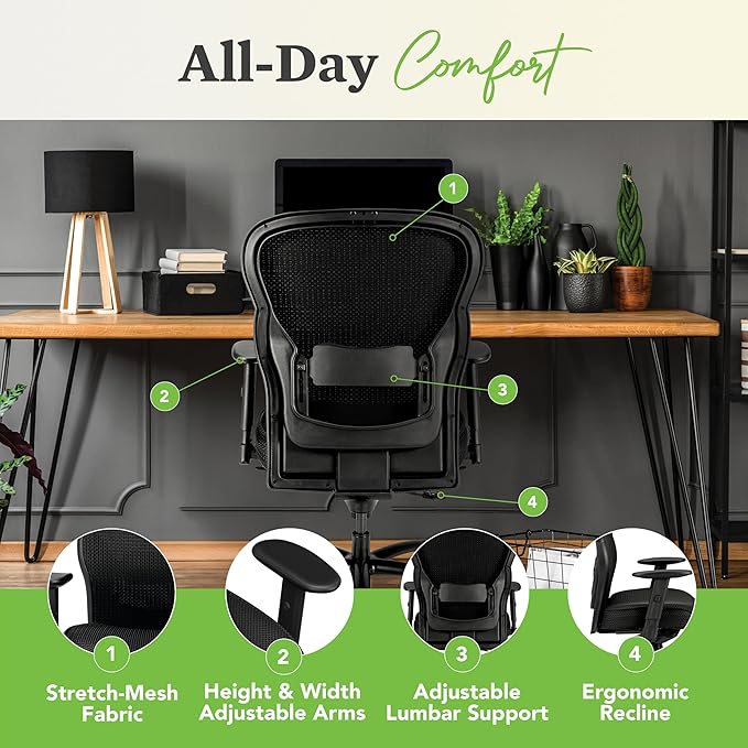 HON Wave Big and Tall Office Chair with Adjustable Arms, 450 lbs Capacity, Ergonomic, Breathable Mesh Desk Chair with Wheels, 360° Swivel, Heavy Duty Tilt Recline, Black