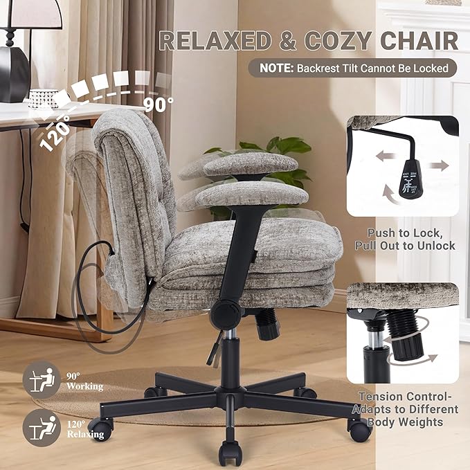 Criss Cross Chair with Wheels and Flip Arms, Upholstered Cross Legged Office Chair with 3 Layer Cushions&Dynamic Airbag Lumbar Support, Wide Seat Comfy Desk Chair for Home Office, Living Room, Khaki