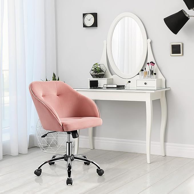 Yaheetech Pink Office Chair Small Cute Vanity Chair with Back Wheels Velvet Swivel Rolling Desk Computer Armchair for Bedroom Living Room