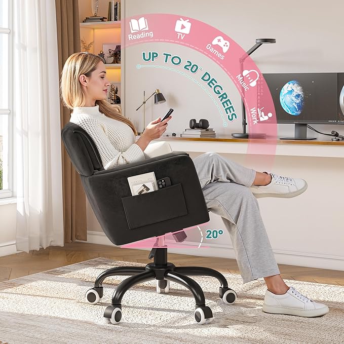 Home Office Chair with Wheels Soft-Touch Material,Modern Cute Vanity Chair with Back Adjustable Height Upholstered Comfy Desk Chairs with Side Pockets for Bedroom,Black