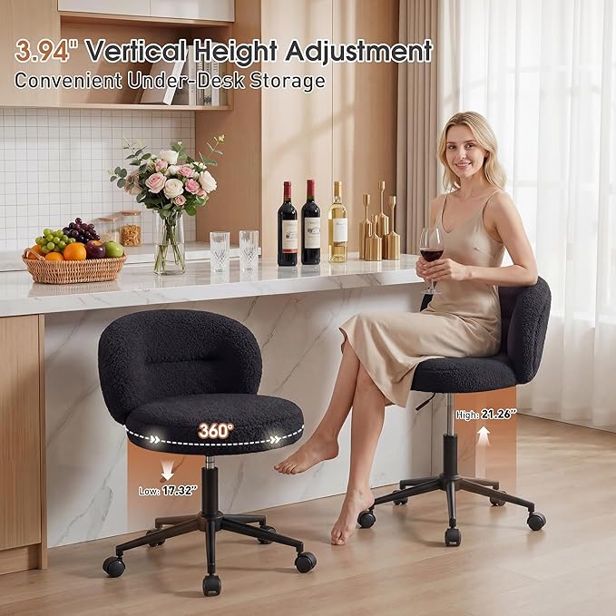 Small Round Desk Chair, Armless Vanity Chair with Wheels, Height Adjustable & 360° Swivel, Cute Comfy Vanity Computer Chair for Bedroom, Home Office, Black