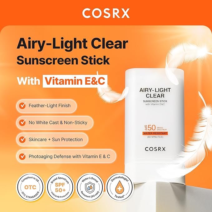COSRX Airy-Light Clear Sunscreen Stick with Vitamin E&C SPF 50, 0.67 oz, 19g, Korean Suncreen Stick Suncare Sunblock, Lightweight, No White Cast, Water resistant, Oil Control Matte Sunscreen for Face