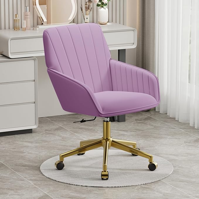 YISHENG Velvet Office Desk Chair with Gold Base, with Wheels,Modern Height Adjustable 360 Degree Swivel Upholstered Vanity Chairs with Arms for Living Room Bedroom,Purple