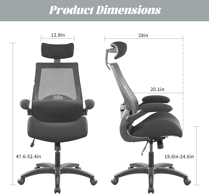 BOLISS 400lbs Ergonomic Office Desk Chair Big and Tall with Wide Seat – High Back Mesh Executive Chair with 4-Level Adjustable Headrest,Lumbar Cushion, Flip-Up Armrests for Storage (Black)