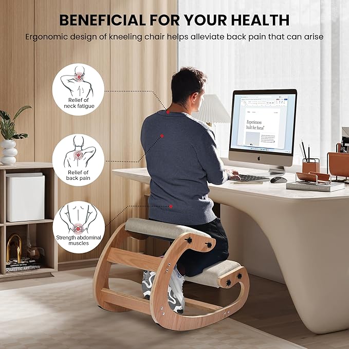 Easyego Kneeling Chair Ergonomic Posture Chair, Wood Adjustable Rocking Knee with Soft Padding, Natural Relief for Neck or Back Pain for Home Office, Max Load 300 lb - Beige