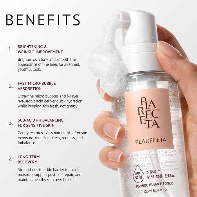 Plareceta Firming Micro-Bubble Toner – Hydrating & PH Balancing Korean Skin Toner with Niacinamide & Hyaluronic Acid – Reduces Wrinkles & Soothes Sensitive Skin 5.07 Fl Oz