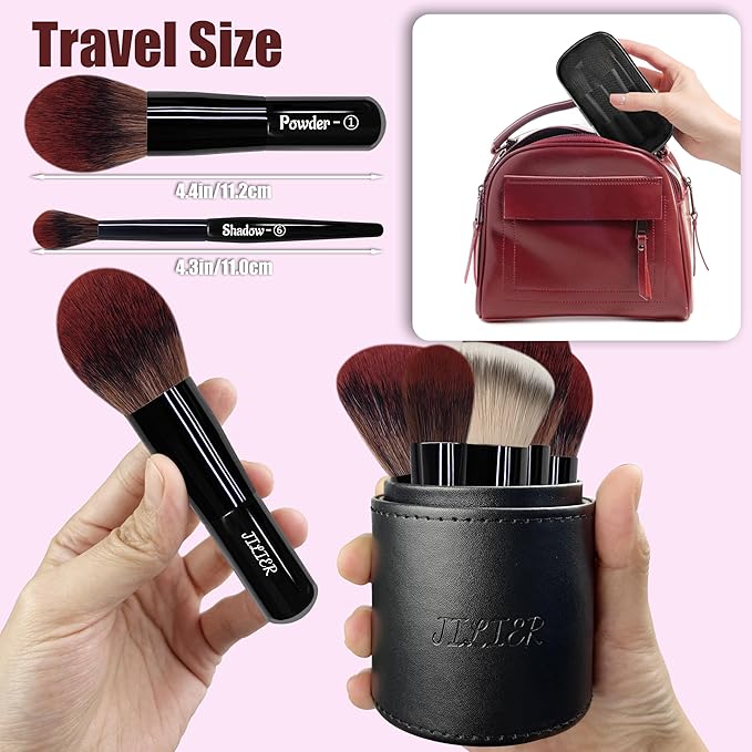 Jilier 14 pcs Mini Makeup Brushes and Pocket Mirror, Travel Makeup Brush Set, LED Compact Mirror with Light, Travel Size with Case, Portable for Handbag, Travel Essentials for Women