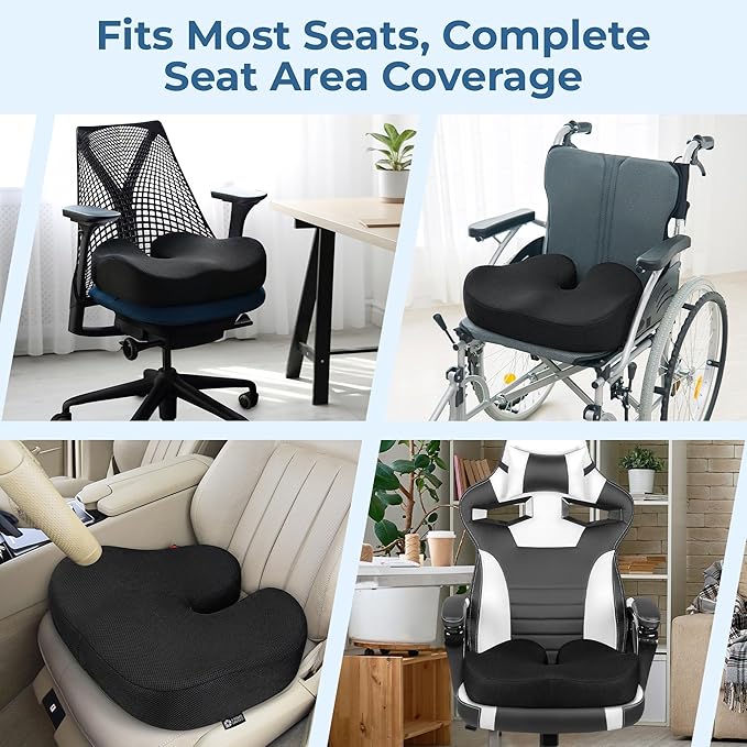 5 STARS UNITED Seat Cushion for Tailbone Pain Relief – Memory Foam Cushion for Coccyx, Hip, Sciatica & Post-Surgery Recovery – Wheelchair, Car, Desk, Gaming & Office Chairs, Black, XX-Large