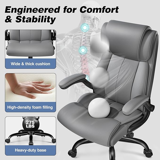 Ergonomic Office Chair - Desk Computer Chair, Leather High Back Executive Chairs with Adjustable Lumbar Support for Adults, Rolling Swivel Tilt, Gray 6 Pack