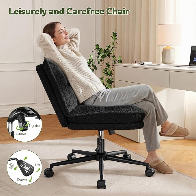 Criss Cross Chair with Wheels, 7" Extra Thick Cross Legged Office Chair, Height Adjustable Swivel Design for Home Office, Study & Vanity,Black