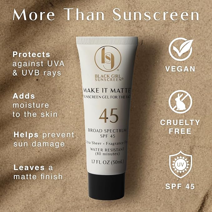Black Girl Sunscreen Make it Matte SPF 45 Gel Sunscreen for Face - SPF 45, Sun Protection for Skin, Travel Size, Water Resistant, Wear Under Makeup, No White Cast for Melanin Rich Skin - 1.7 fl oz