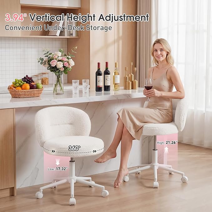 Small Round Vanity Chair with Wheels, Armless Home Office Desk Chairs with Back, Height Adjustable & 360° Swivel, Cute Comfy Vanity Computer Chair for Bedroom, Home Office, White