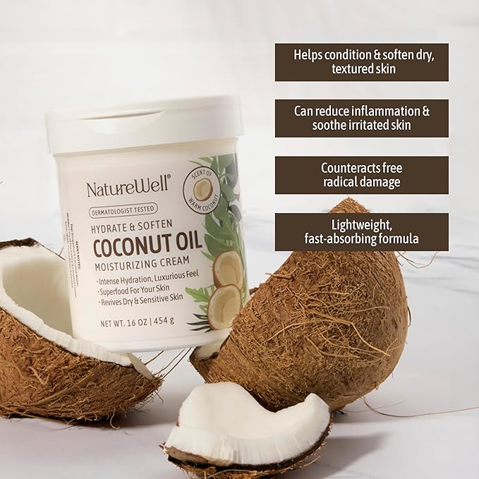 NATURE WELL Coconut Oil Moisturizing Cream for Dry Skin – Deep Hydration Lotion for Face, Body & Hands, Spa Quality Skincare, Softens & Smooths, Non-Greasy, Fast Absorbing, Vitamins A C E, 10 Oz