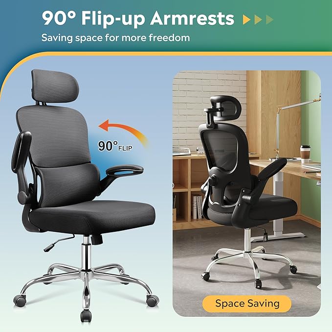 DEVAISE Ergonomic Mesh Desk Chair, Separated-Adjustable Lumbar Support，Large Cushion, Flip-up Armrests, 90-125° Rocking Tilt, for Home Office Computer Gaming, Black