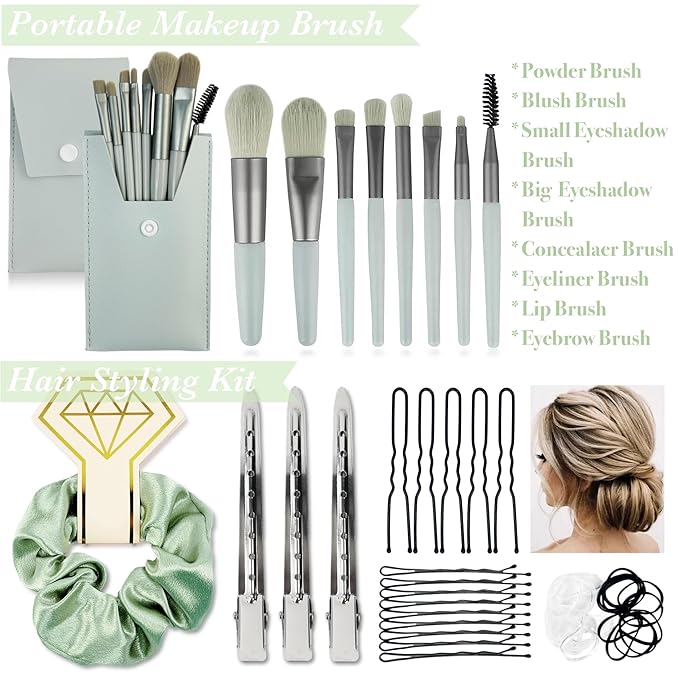 Women's Wedding Emergency Travel Kit 45 Essential Items for Brides Bridesmaid All-In-One Daily Beauty Style Set With Makeup Brushes (Aurora Green)