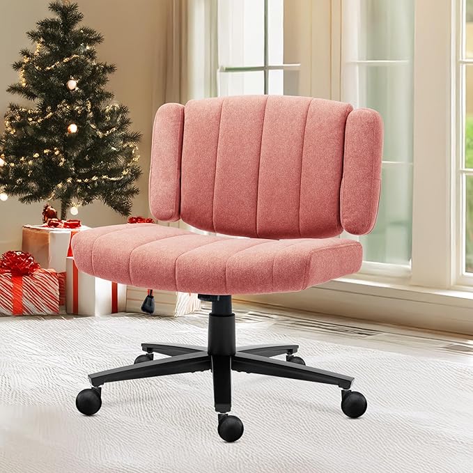 Pink Criss Cross Office Chair with Wheels, Ergonomic Wide Seat Vanity & Dressing Table Chair, Adjustable Arms Swivel Rolling Desk Chair for Women, Comfortable Cross-Legged Support