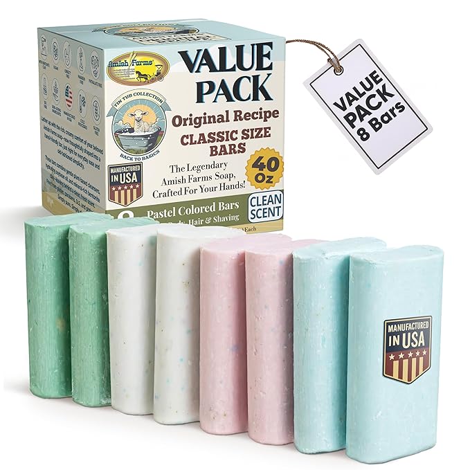 Amish Farms Soap Value Pack– 8 Easy-to-Grip Hydrating Bars (5 oz Each, 2.5 lb) | Cold-Process, USA Made for Sensitive Skin, Face, Hair & Body | Gentle Clean Scent Original Recipe – Tin Tub Collection