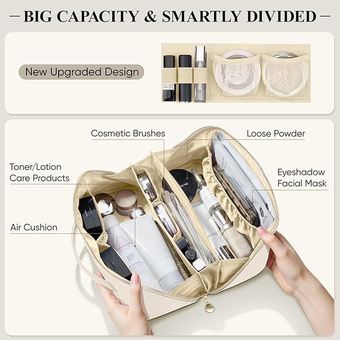 Travel Makeup Bag, Large Capacity Cosmetic Bags for Women, Waterproof Portable Pouch Open Flat Make up Organizer Bag with Dividers and Handle, Toiletry Bag for Essentials