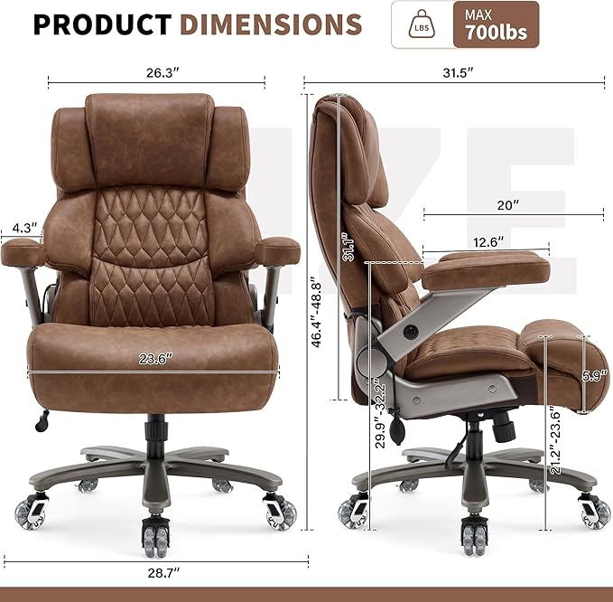 Big and Tall Office Chair 700lbs- Large High Back Executive Computer Desk Chair with 3D Flip-Up Arms, Adjustable Lumbar Support, Extra Wide Plus Size Seat, Heavy Duty Metal Base & Quiet Rubber Wheels