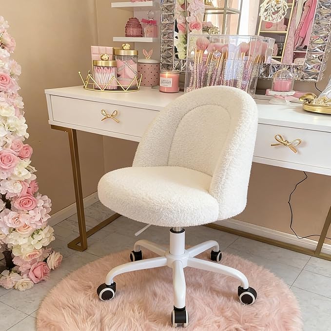 White Vanity Chair with Wheels, Cute Desk Chair with Back, Armless Office Chair Height Adjustable, Soft Lumbar Support for Small Space, Bedroom