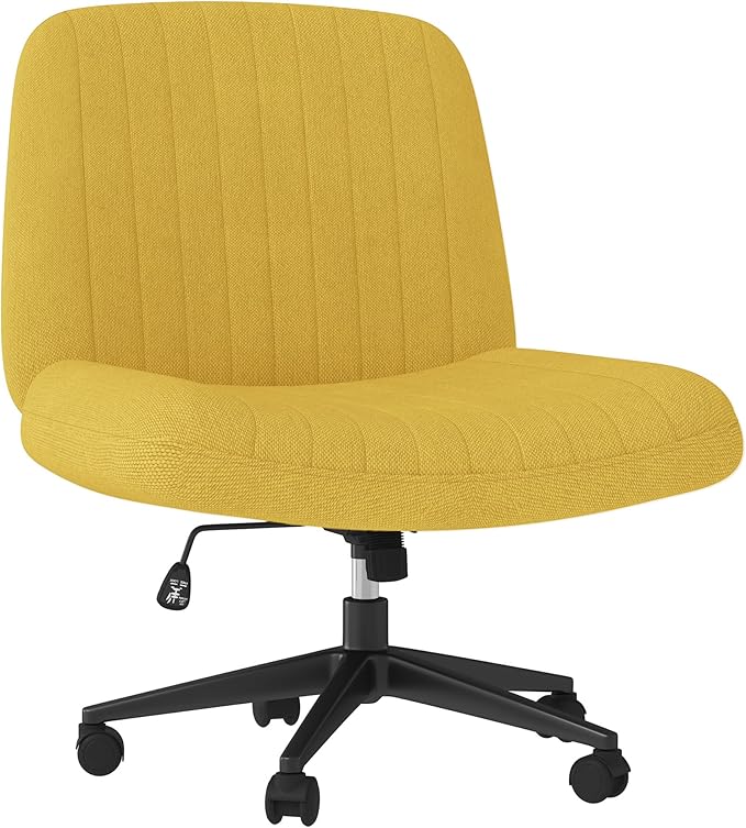 Shintenchi Criss Cross Chair,Cross Legged Office Seat with Wheels Armless Swivel Vanity Chair,Height Adjustable Wide Computer Task Seating for Home Office,Yellow ﻿