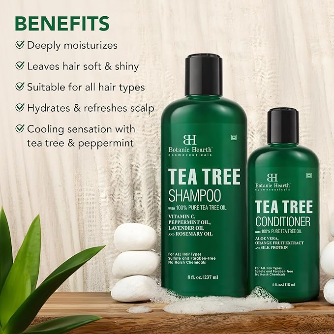 Botanic Hearth Tea Tree Shampoo 8Fl Oz And Conditioner 4 Fl Oz | With 100% Pure Tea Tree Oil, For Itchy And Dry Scalp, Sulfate/Paraben Free | For Men And Women