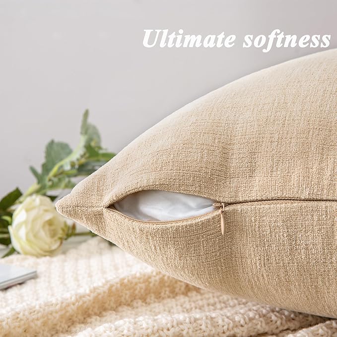 GAWAMAY Decorative Square Throw Pillow Covers 22"x22" Inch Set of 2, Super Soft Chenille Pillows Farmhouse Fall Pillowcase for Living Room Bedroom Sofa Couch Cushion Cover Beige 55x55cm (No Insert)