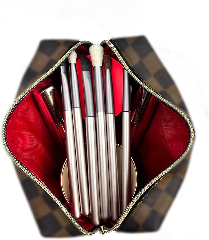 bopomofo Brown Checkered Cosmetic Bag 3 Pack,1 Big Pouch,1 Makeup Brushes Holder, 1 Coin Purse,Portable Travel Makeup Bag Set Lightweight and Waterproof Storage Bag Organizer (Brown Checkered 3 Pcs)
