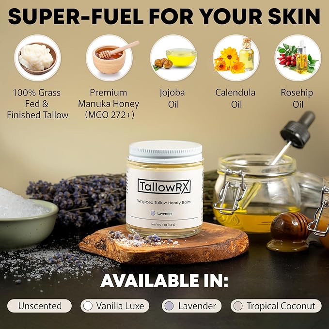 100% Grass-Fed Beef Tallow for Skin – Whipped Tallow Honey Balm, Pure & Organic Moisturizer for Face & Body with Manuka Honey, Jojoba & Calendula – Deep Hydration & Soothing (4 oz, Unscented)