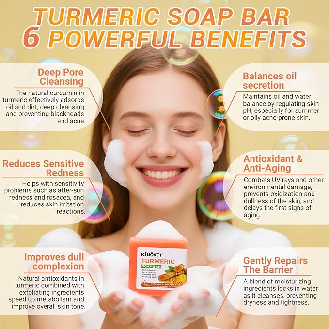 3PCS Turmeric Soap & Serum Set - Turmeric Face Serum + 2 Turmeric Soap Bars with Vitamin C & E - Deep Cleanses Pores, Reduces Acne, Controls Oil, Soothes Skin - Hydrating Facial Kit for All Skins