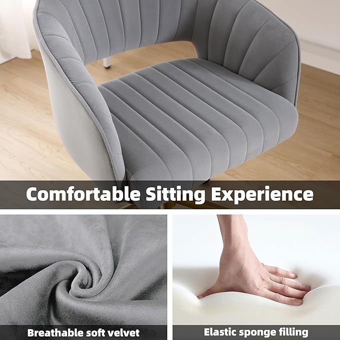 Westice Gray Home Office Desk Chairs, Modern Velvet Rolling Chair, Height Adjustable Swivel Vanity Chair with Golden Base, Ergonomic Chair for Study, Living Room Computer Room